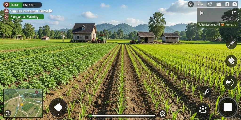 Screenshot utama DMD686 menampilkan ladang hijau yang subur dan aktivitas bertani.