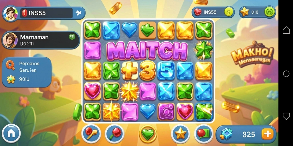 Screenshot utama INS55 menampilkan serunya gameplay Match-3 yang penuh warna.