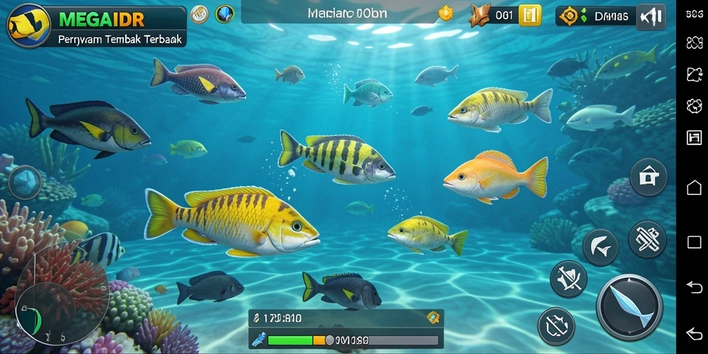 Tampilan gameplay <strong>MEGAIDR</strong> yang seru dengan beragam ikan untuk ditembak.