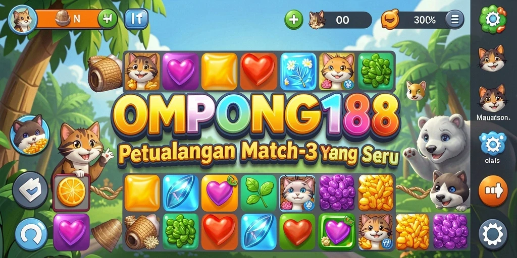 Screenshot utama OMPONG188 menampilkan gameplay Match-3 yang menarik.