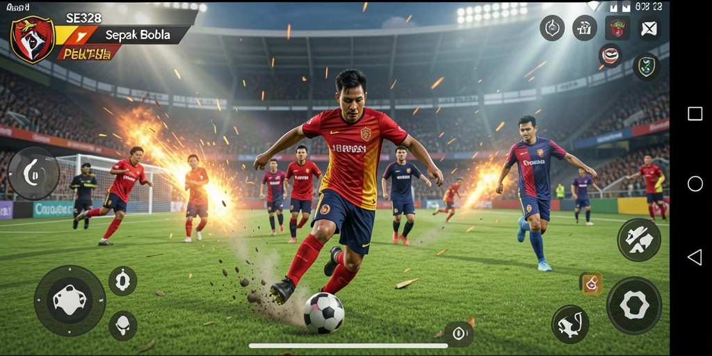 Tampilan gameplay seru dari SE328 dengan aksi sepak bola yang mengagumkan.
